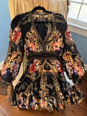 Camilla Black Floral & Gold Baroque V-Neck Mini Dress